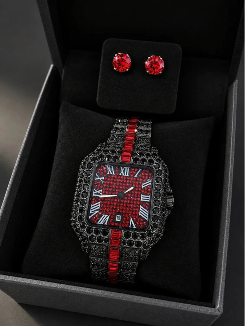 #665  AJ 42mm Red & Black Iced-Out Watch with 9mm Earrings